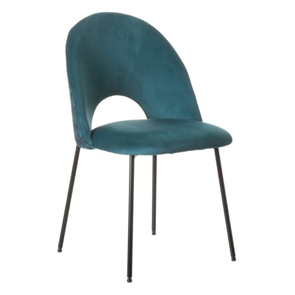152545 Silla de diseño vintage metal negro y tapizado tonos azules con estampado geométrico