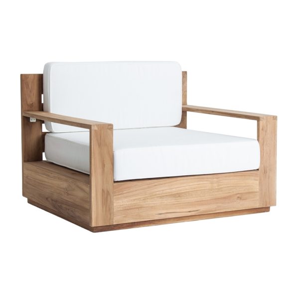 28117 Sillón de diseño rústico nórdico SCIACCA 92 madera color natural y cojines blancos