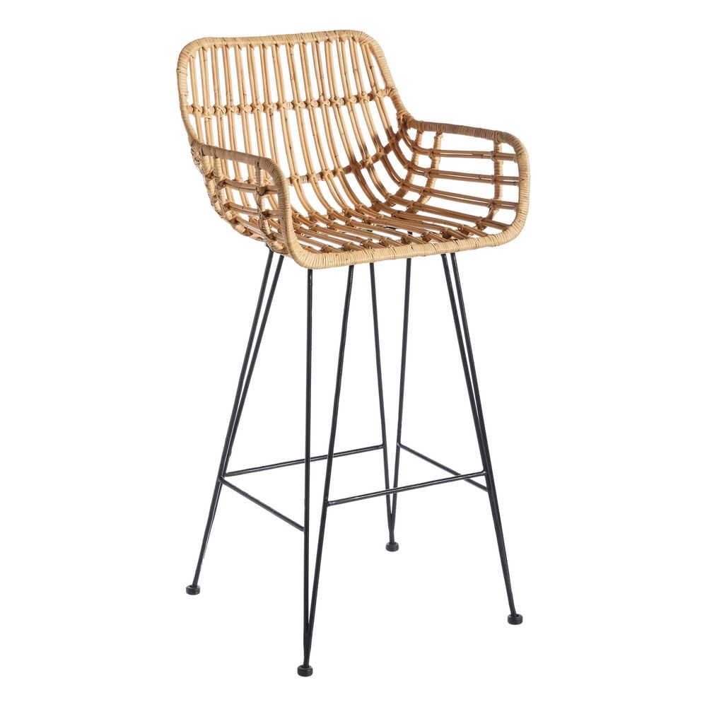 121184 Taburete alto para interior y exterior diseño vintage ratán con patas metal negro