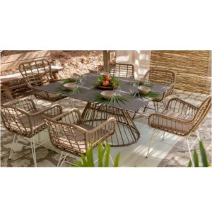 ARIKI Mesa comedor para exterior cristal negro, acero y ratán con sillas y sillones acero y ratán