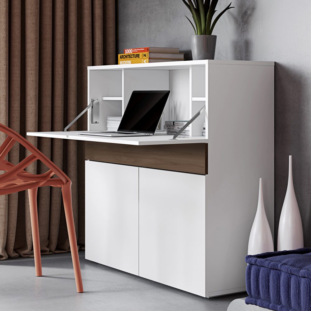 054099 Mueble de trabajo / escritorio FOCUS diseño nórdico blanco y nogal