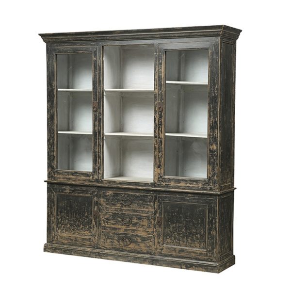 GC057 Vitrina de diseño rústico oriental 185 madera negro marcados desgastes