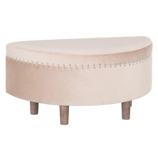 153070 Banqueta baúl de diseño vintage 78 tapizado color taupé patas de madera y tachuelas