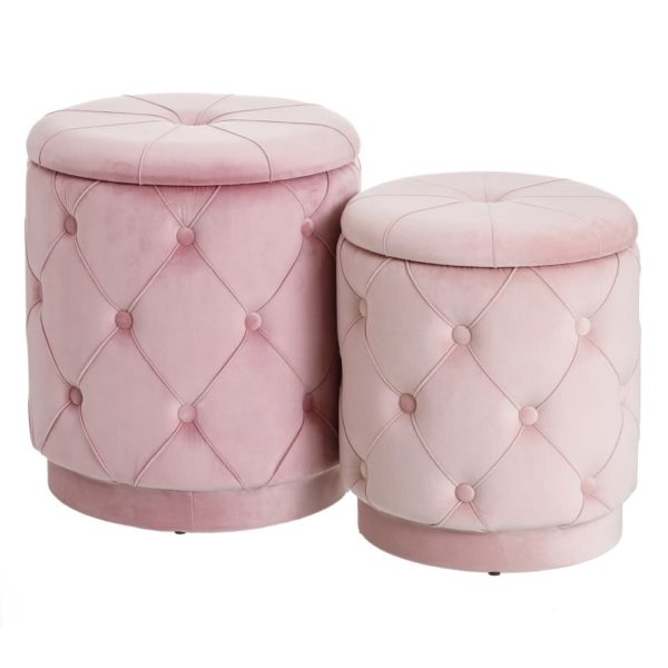 152308 Set de 2 puff arcón de diseño vintage Ø40 tapizado capitoné color rosa