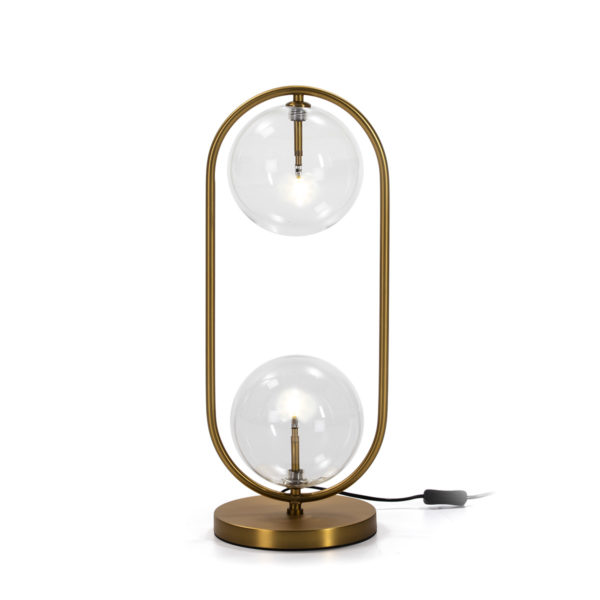 Lámpara sobremesa vintage Art Decó óvalo metal dorado y 2 esferas cristal