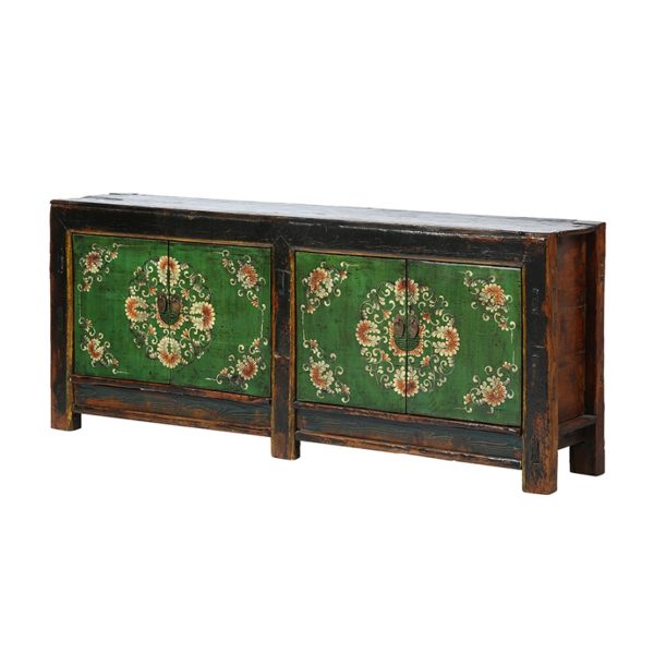 XN730 Aparador de diseño oriental 186 madera antigua puertas verdes con flores