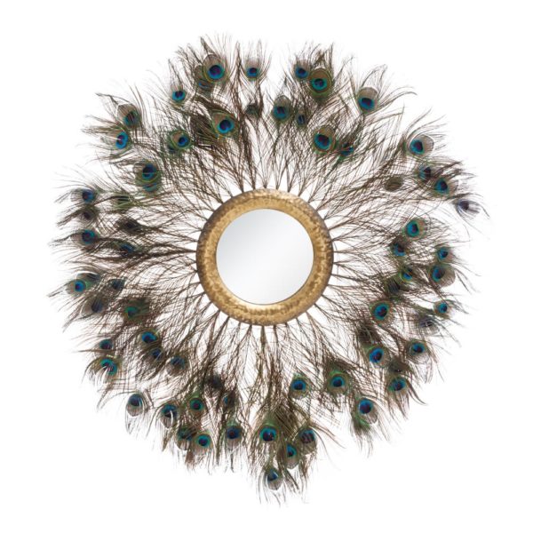 151506 Espejo de diseño vintage 95 metal oro y plumas de pavo real