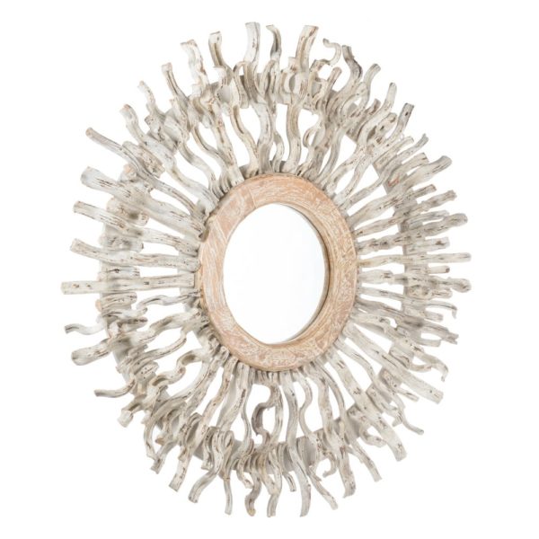 152579 Espejo redondo de diseño étnico 100 madera acabado blanco desgastado