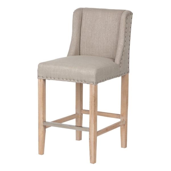 800034 Taburete alto de diseño clásico 67 madera y lino gris con tachuelas y anilla
