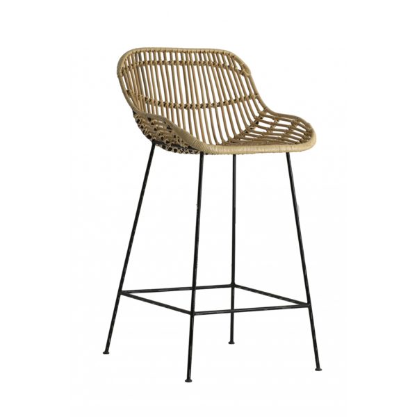 24608 Taburete alto de diseño moderno LAYNA 100 metal negro y ratán natural