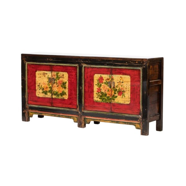 JM719 Aparador de diseño oriental 184 madera marrón puertas rojo dibujos florales