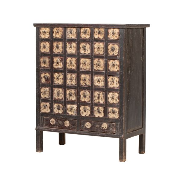 GK186 Cómoda de diseño oriental 99 madera antigua marrón 38 cajones con letras chinas