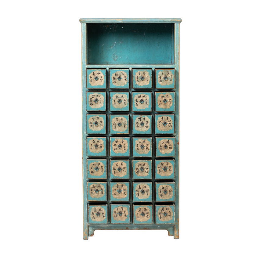 JM742 Cómoda alta diseño oriental 84 madera antigua azul claro 28 cajones con letras chinas - Imagen 2