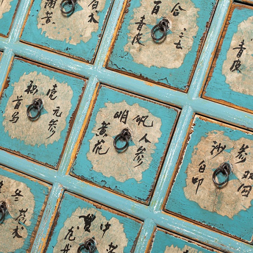 JM742 Cómoda alta diseño oriental 84 madera antigua azul claro 28 cajones con letras chinas - Imagen 3
