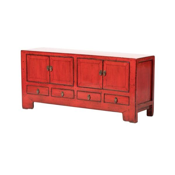 A190 Mueble de televisión de diseño oriental 138 madera antigua rojo con desgastes
