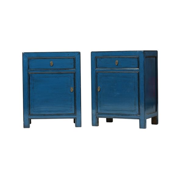 BE169 Pareja de mesitas de noche de diseño oriental 65 madera azul oscuro con desgastes