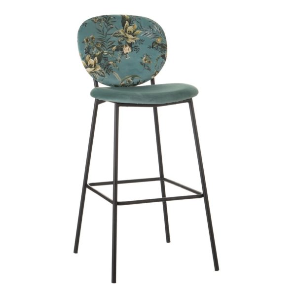 600125 Taburete alto de diseño vintage tapizado en color azul con flores y patas de metal negro