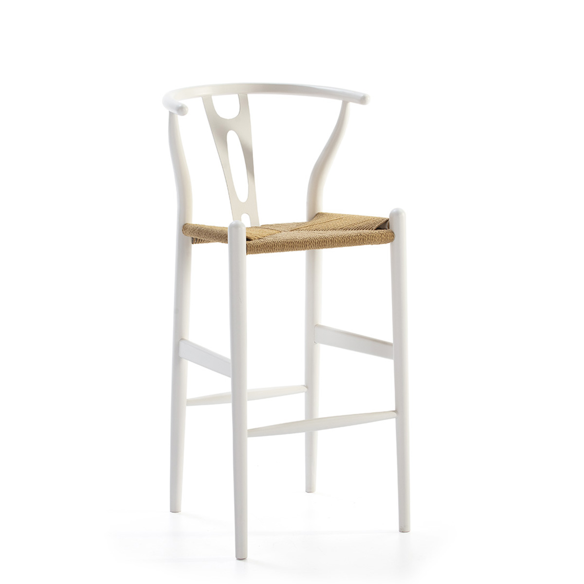25715/00 Taburete alto de diseño vintage madera blanco y asiento ratán