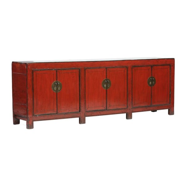 JM249 Aparador de diseño oriental 257 madera antigua rojo con desgastes