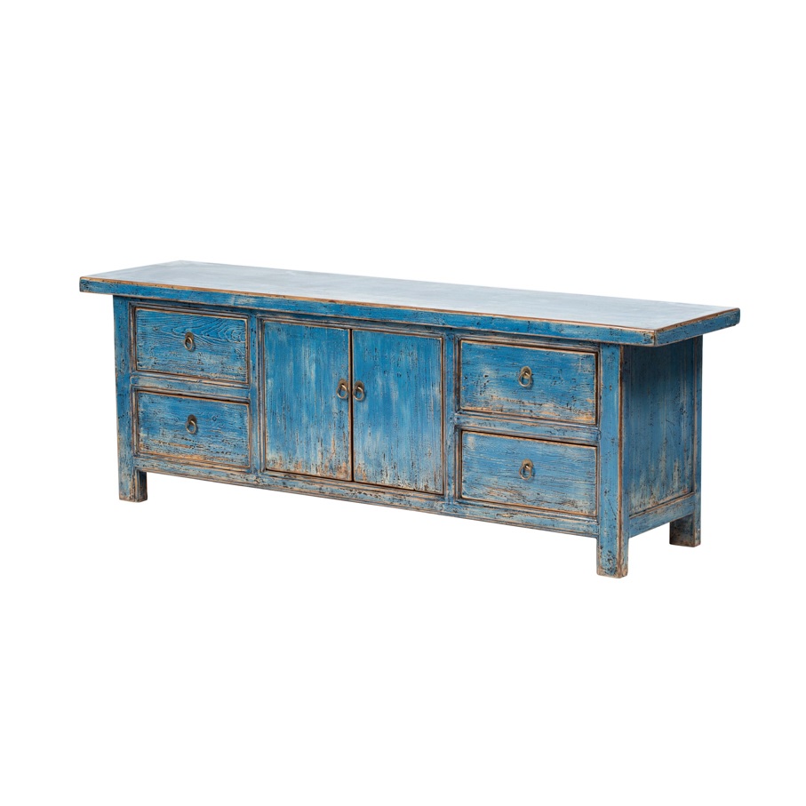 NT415 Mueble de televisión de diseño rústico oriental 175 madera azul acabado desgastado