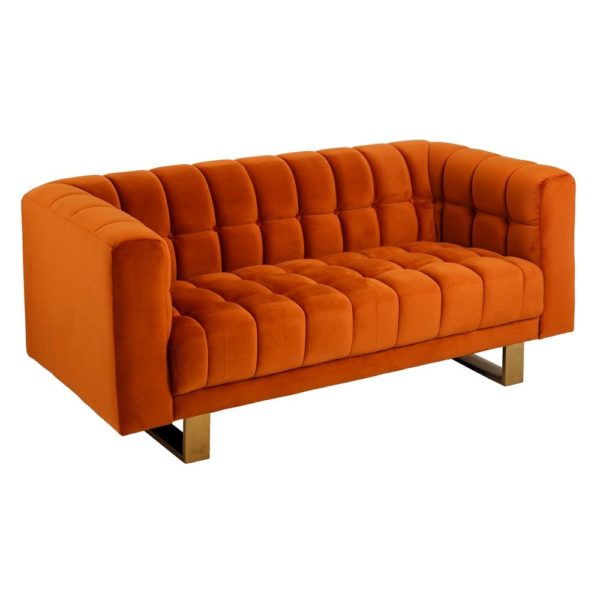 105409 Sofá de diseño vintage 156 tapizado terciopelo color naranja y metal dorado