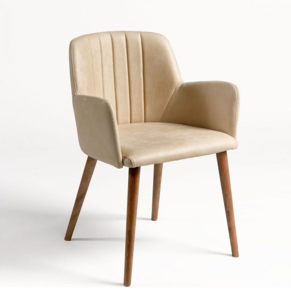 CRAIG WOOD-B Sillón o silla con reposabrazos de diseño vintage piel beige patas madera