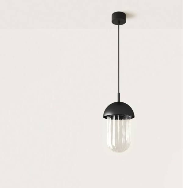 C1235 Lámpara de techo diseño vintage LOTA acero negro y tulipa cristal transparente