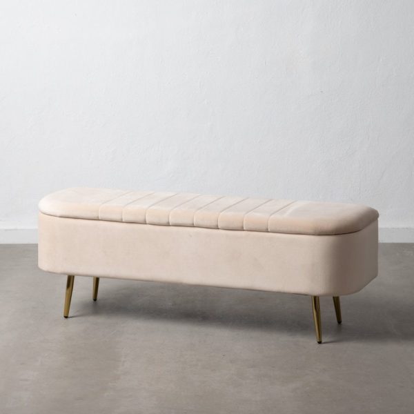 601209 Banqueta baúl de diseño Art Decó 118 terciopelo beige y patas metal oro