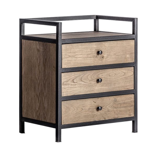 28952 Mesita de noche de diseño industrial STEKI 60 madera acabado natural y hierro negro