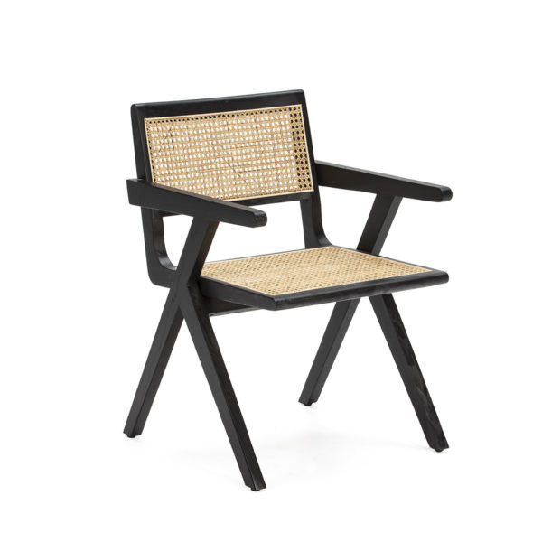 Silla con reposabrazos diseño vintage madera negro asiento rejilla ratán natural (1)
