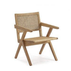 Sillón o silla con reposabrazos diseño vintage madera roble y ratán color natural (1)