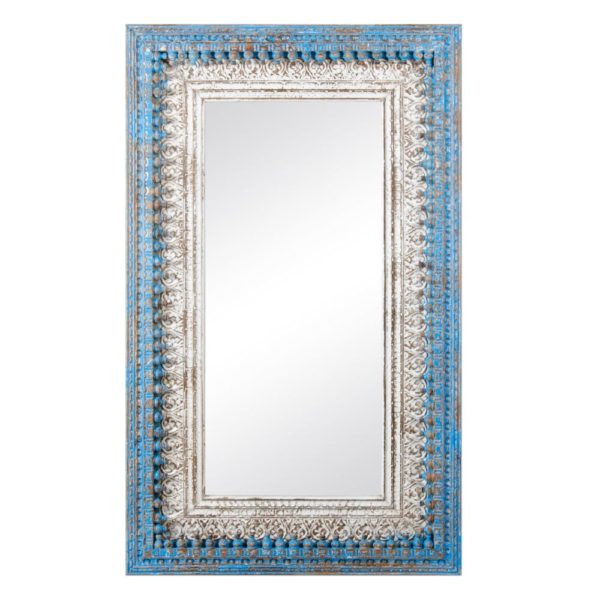 602047 Espejo diseño oriental 150 madera blanco y azul con tallas acabado desgastado