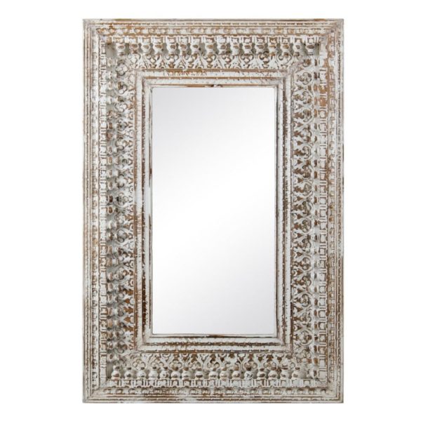 602046 Espejo diseño oriental 120 madera blanco rozado con tallas acabado desgastado