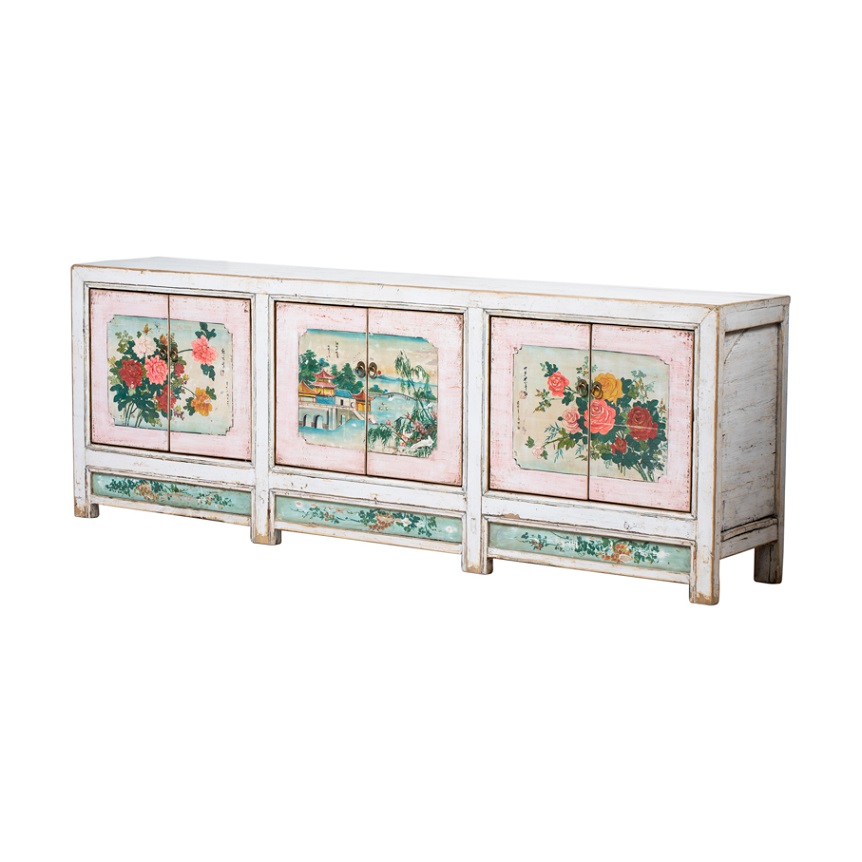 NT464 Aparador de diseño oriental 248 madera blanco con desgastes y dibujos flores