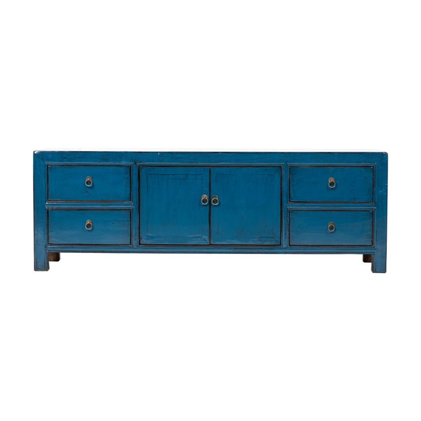 BE258 Mueble de televisión diseño oriental 170 madera azul con desgastes - Imagen 4