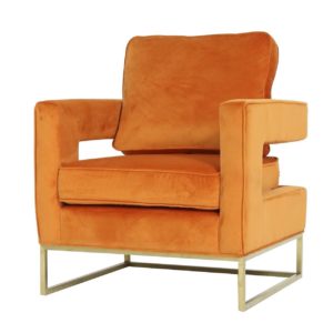 Sillón diseño vintage terciopelo naranja y acero inoxidable