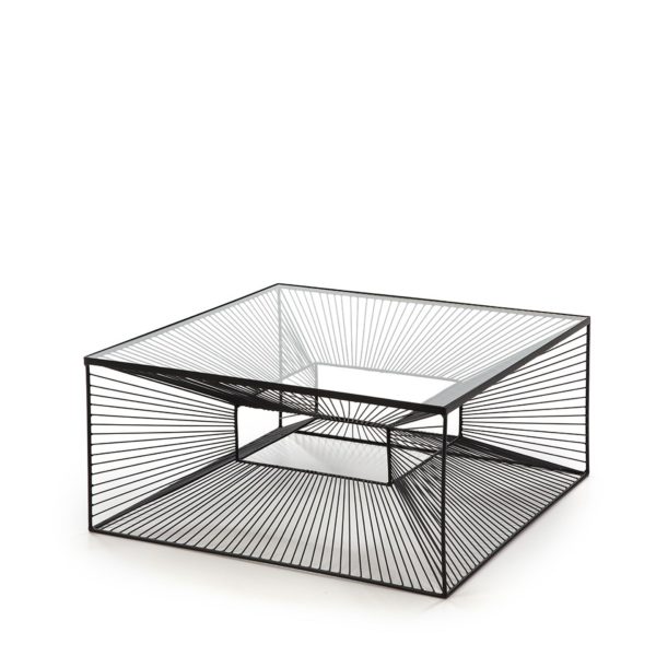 Mesa de centro cuadrada diseño moderno metal negro y cristal transparente