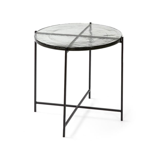 31583/00 Mesa auxiliar de diseño vintage  Ø51 metal negro y vidrio rústico