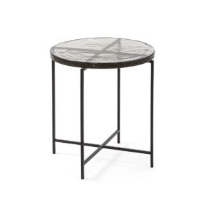 31584/00 Mesa auxiliar de diseño vintage Ø46 metal negro y vidrio rústico