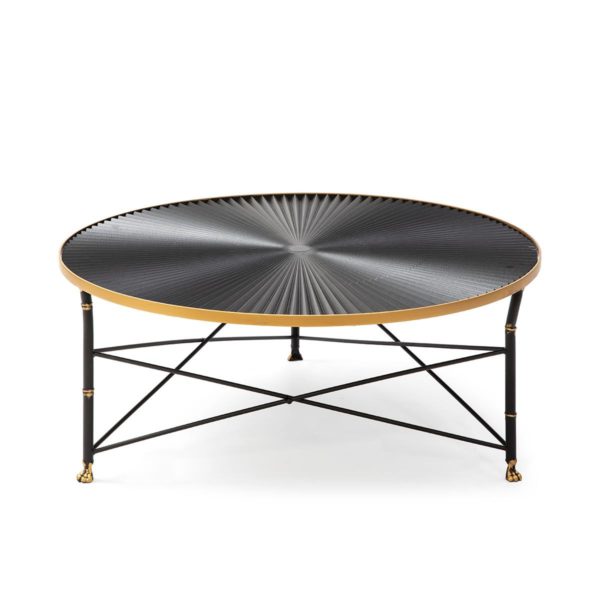 Mesa de centro redonda diseño art decó chapa de madera y metal negro y dorado