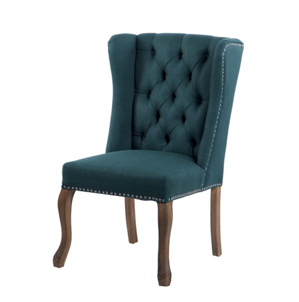 914009 Sillón de diseño clásico NELSON tapizado lino capitoné verde oscuro y tachuelas