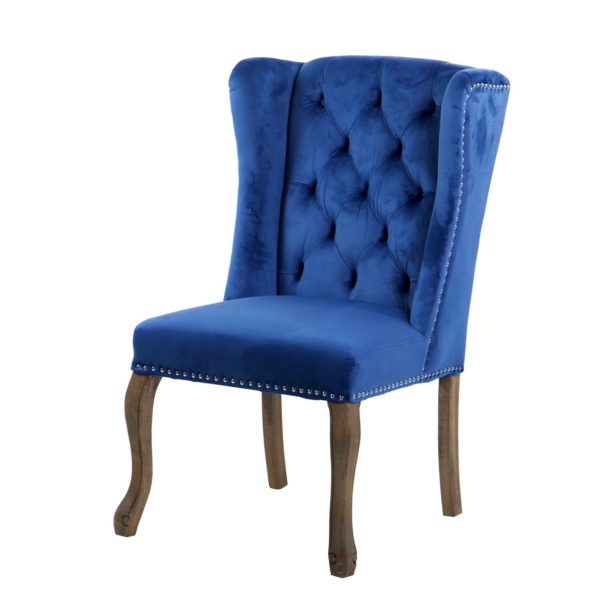 914011 Sillón de diseño clásico NELSON tapizado terciopelo capitoné azul y tachuelas