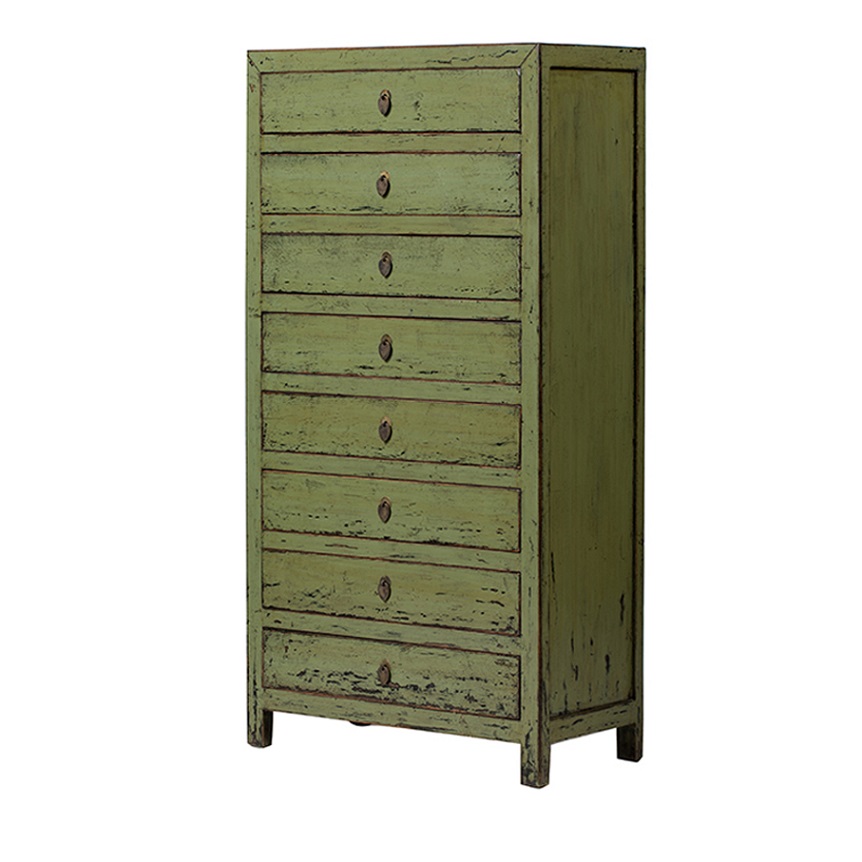 NT482 Cómoda 8 cajones de diseño oriental 80 madera verde acabado desgastado