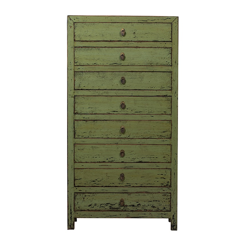 NT482 Cómoda 8 cajones de diseño oriental 80 madera verde acabado desgastado - Imagen 4