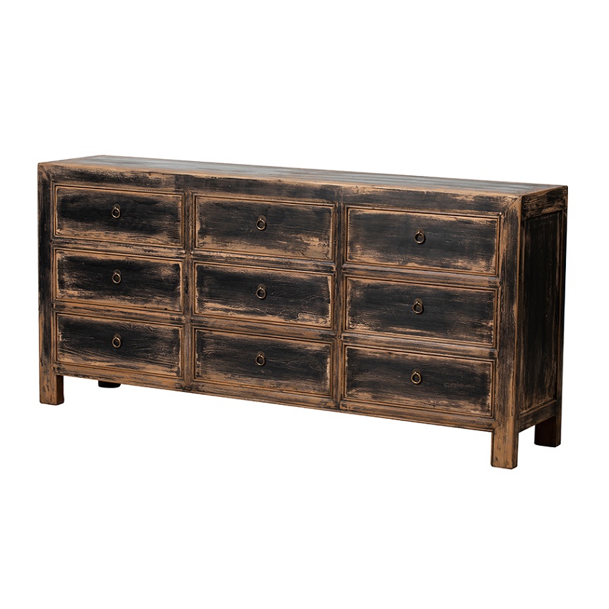 BE276 Cómoda de 9 cajones diseño rústico oriental 180 madera negro acabado desgastado