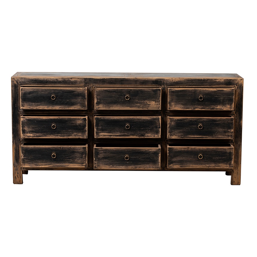 BE276 Cómoda de 9 cajones diseño rústico oriental 180 madera negro acabado desgastado - Imagen 3