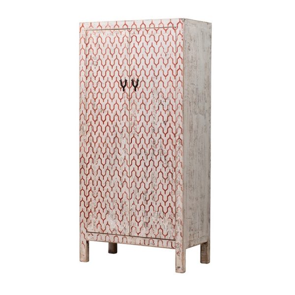 A212 Armario de diseño oriental 86 madera con desgastes y dibujos geométricos rojo