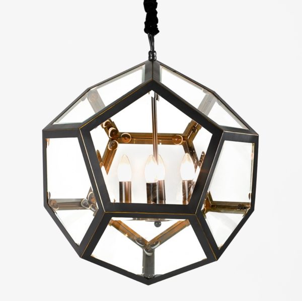 MD3389-3 Lámpara de techo diseño vintage 50 metal negro y dorado con cristal pentagonal