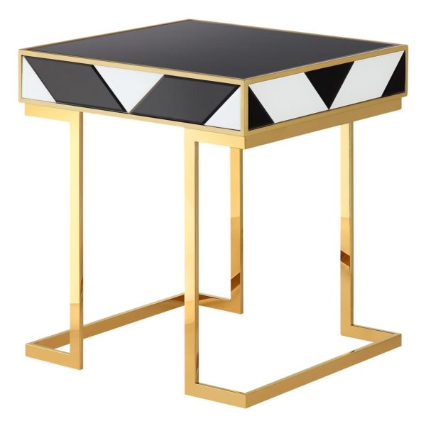 Mesa auxiliar de diseño Art Decó acero inoxidable y espejo blanco, negro y dorado