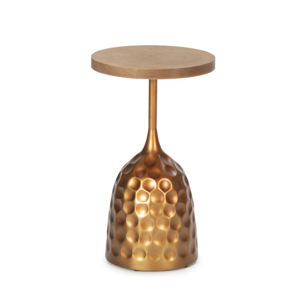 Mesa auxiliar redonda diseño Art Decó hierro dorado y madera de roble